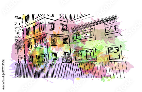 Building view with landmark of Bago, formerly known as Hanthawaddy, is a city and the capital of the Bago Region in Myanmar. Watercolor splash with hand drawn sketch illustration in vector.