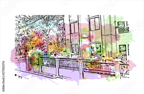 Building view with landmark of Bago, formerly known as Hanthawaddy, is a city and the capital of the Bago Region in Myanmar. Watercolor splash with hand drawn sketch illustration in vector.