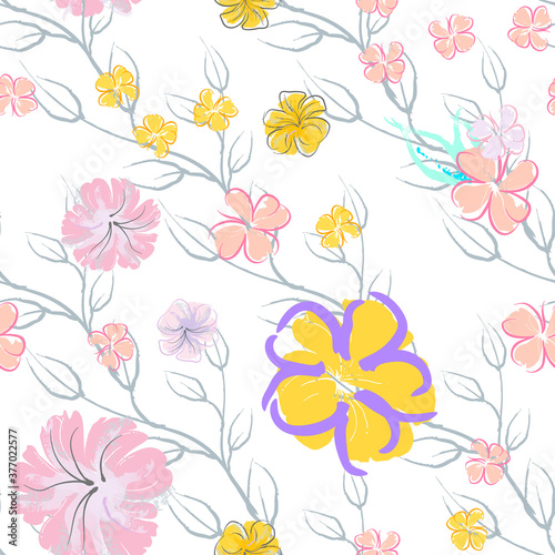 Pink Flowers Blooming Pattern. Pastel Watercolor.