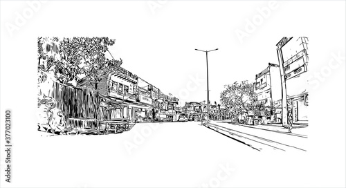 Building view with landmark of Bahadurgarh, known as the "Gateway of Haryana" " is a Subdistrict, and a municipal council located in Jhajjar. Hand drawn sketch illustration in vector.
