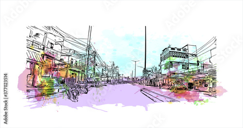 Building view with landmark of Bahadurgarh, known as the "Gateway of Haryana" " is a Subdistrict. Watercolor splash hand drawn sketch illustration in vector.