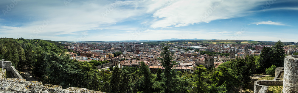 Panoramic view of the city of Burgos (06/26/2019). Capital of the province of Castilla y León, Spain.  On the right the cathedral of Santa Maria in Gothic style. Large format. 