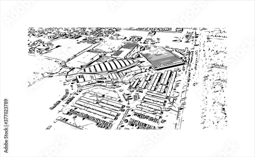 Building view with landmark of Bahia Blanca is a port city in the southwest of Argentina’s Buenos Aires province. Hand drawn sketch illustration in vector.