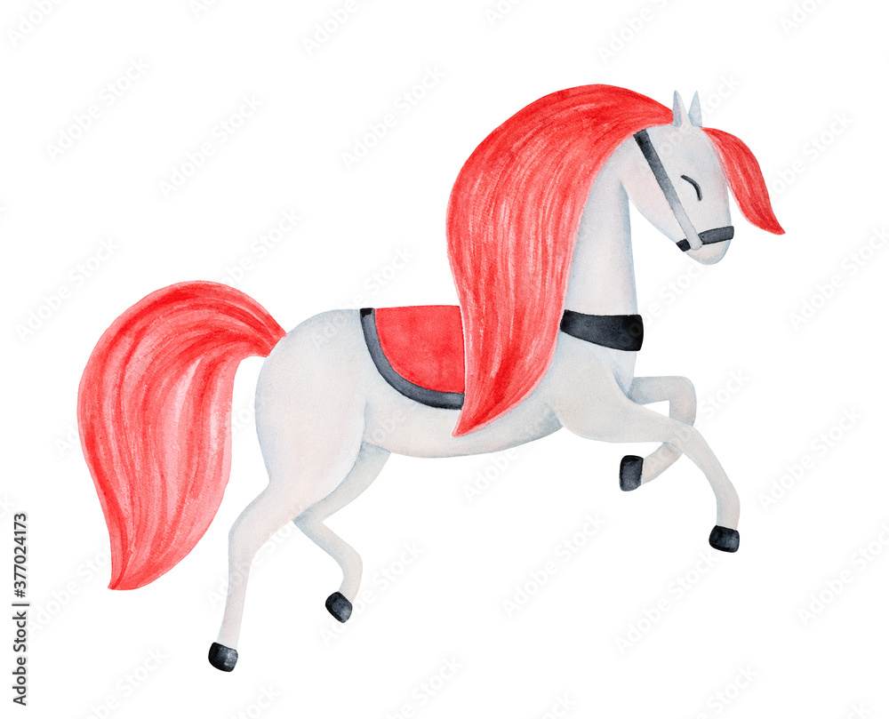 Water color illustration of little white horse with long and fuzzy mane and  tail. Hand painted watercolour graphic drawing, cut out clipart element for  design decoration, card, banner, poster, print. Stock Illustration |