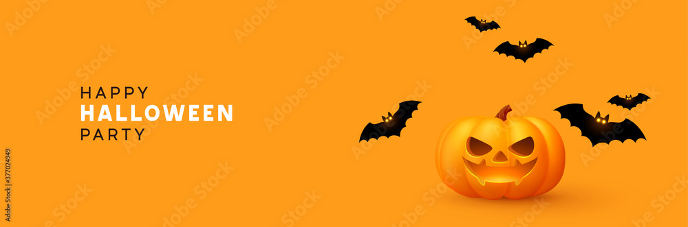 Happy Halloween banner. Festive background with realistic 3d orange pumpkins with cut scary smile and flying bats. Horizontal holiday poster, header for website. Vector illustration