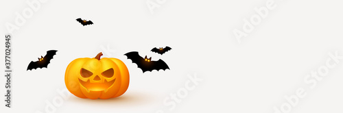 Happy Halloween banner. Festive background with realistic 3d orange pumpkins with cut scary smile and flying bats. Horizontal holiday poster, header for website. Vector illustration