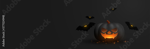 Happy Halloween banner. Festive background with realistic 3d black pumpkins with cut scary smile and flying bats. Horizontal holiday poster, header for website. Vector illustration
