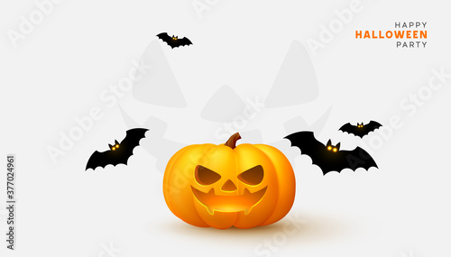 Happy Halloween. Festive background with realistic 3d orange pumpkins with cut scary smile, flying bats. Holiday poster, flyer, brochure and template cover. Vector illustration