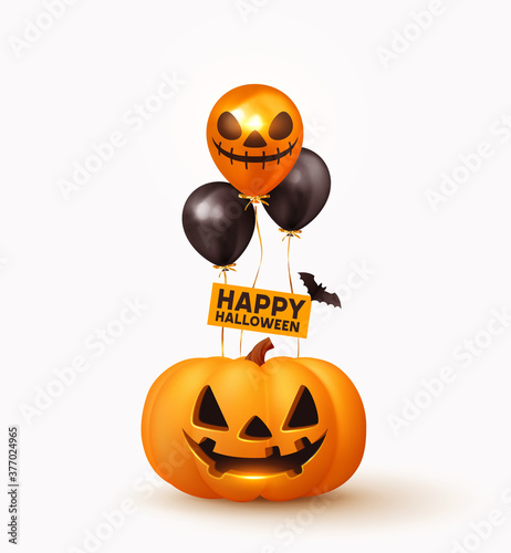 Happy Halloween. Festive background with realistic 3d orange pumpkins with cut scary smile, helium air balloons and flying bats. Holiday poster, flyer, brochure and template cover. Vector illustration