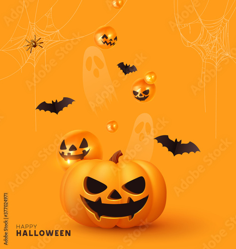 Happy Halloween. Festive background with realistic 3d orange pumpkins with cut scary smile, golden spider web and flying bats. Holiday poster, flyer, brochure and template cover. Vector illustration