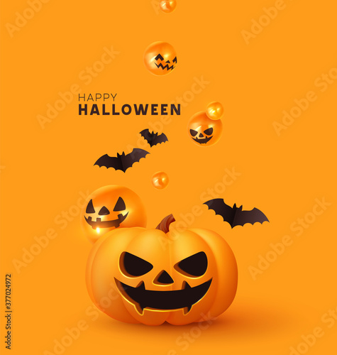 Happy Halloween. Festive background with realistic 3d orange pumpkins with cut scary smile, flying bats. Holiday poster, flyer, brochure and template cover. Vector illustration