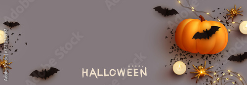 Happy Halloween banner. Festive background with realistic 3d orange pumpkins and flying bats, golden spider, candles, light garlands. Horizontal holiday poster, header for website. Vector illustration