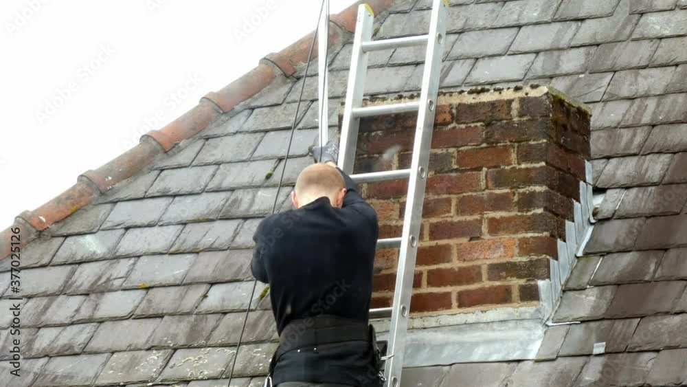Man on ladder installing digital television aerial on home roof Man on ladder installing digital television aerial on home roof