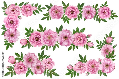  Cute romantic vintage floral compositions of wild rose flowers. Watercolor hand drawn illustration. © Yuliya