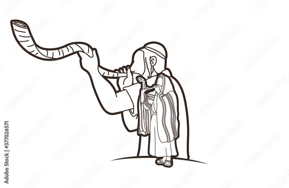 Fototapeta premium Feast of trumpets.Group of Jewish people blowing the shofar horn cartoon graphic vector