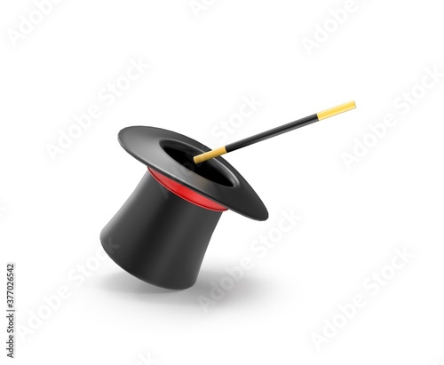 magic hat and magic wand 3d render isolated on white background. Vector illustration