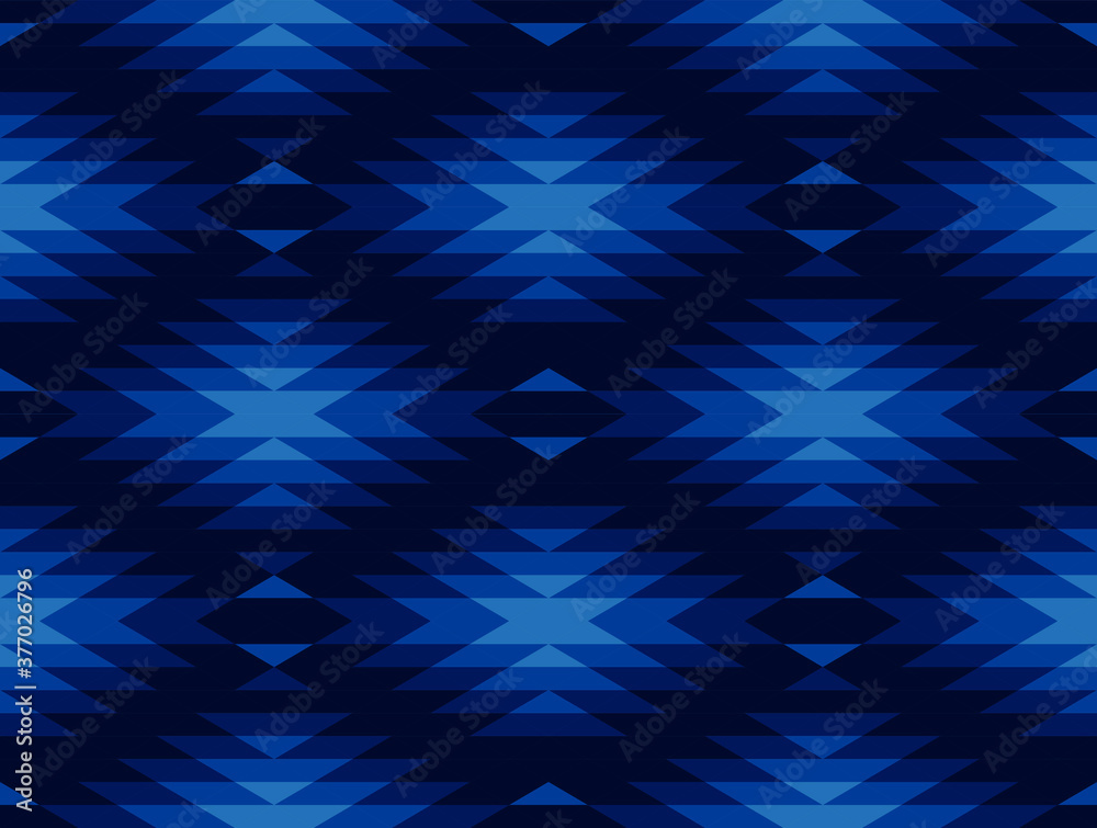 Tribal and ethnic pattern in blue geometric triangle, seamless vector abstract background for fashion
