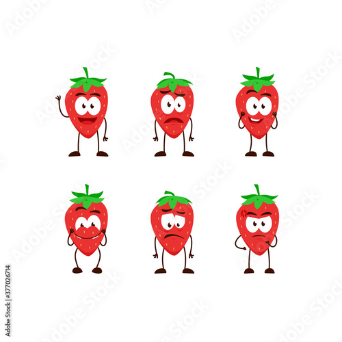 strawberry fruit character cartoon mascot pose set humanized funny expression stye