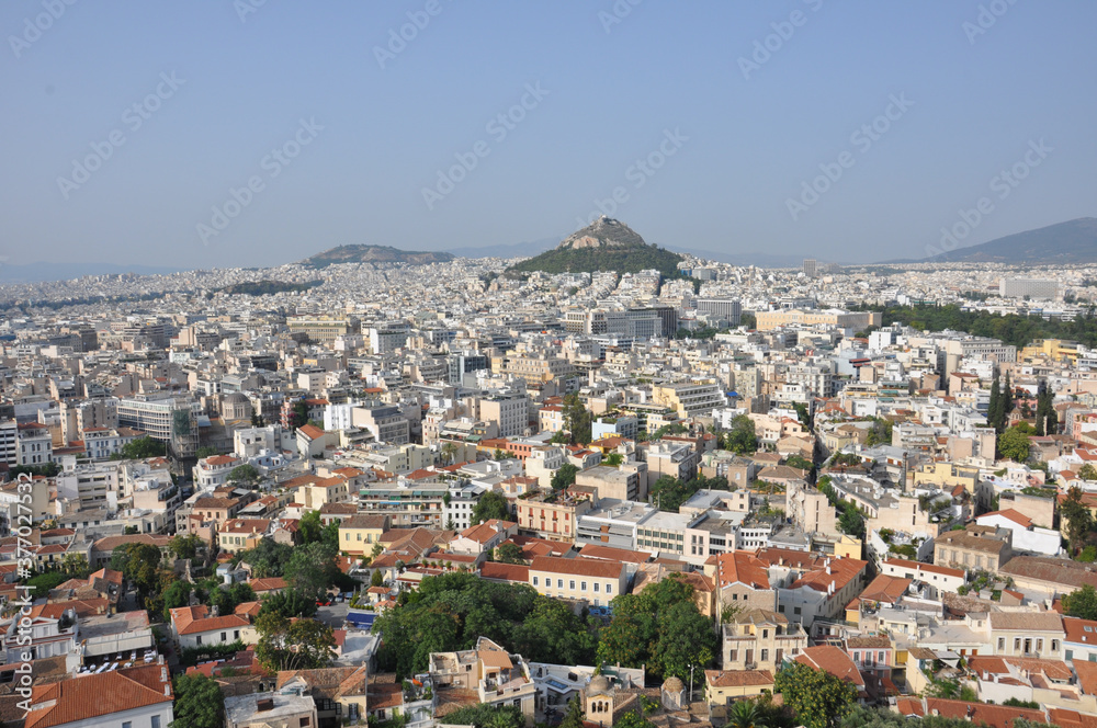 Panoramic and sweeping view of Athens Greece as seen from the Acropolis