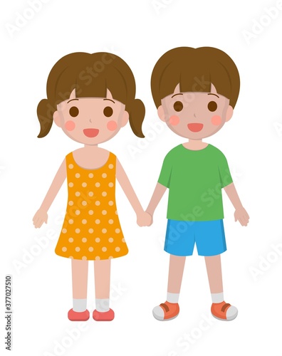 Vector illustration of 2 little kids boy girl holding hands and smiling