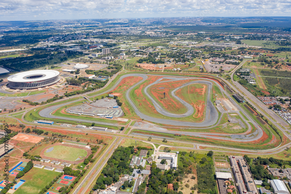 Aerial view of Brasilia's racetrack and the Mane Garrincha stadium.