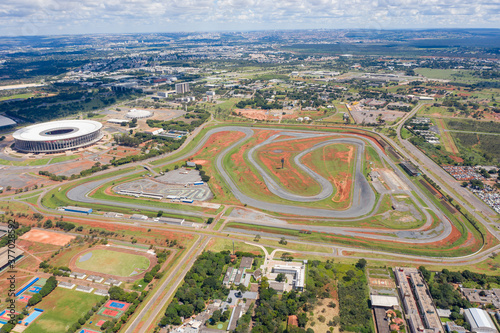 Aerial view of Brasilia's racetrack and the Mane Garrincha stadium.