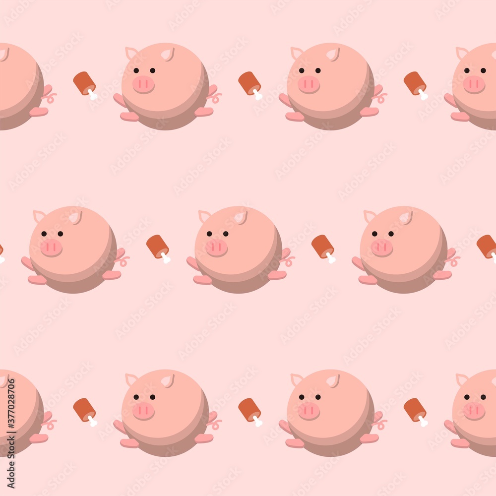 Seamless continuous illustration of pig and meat vector background