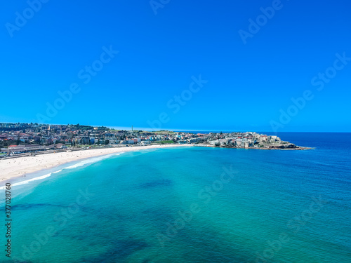 Panoramic Aerial Drone View of Bondi Beach Sydney NSW Australia houses on the cliff