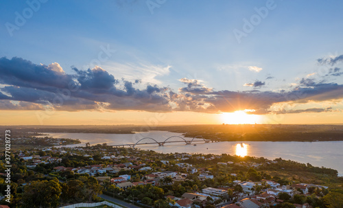 Brasilia`'s Juscelino Kubitschek bridge and the South Lake neighborhood at sunset.