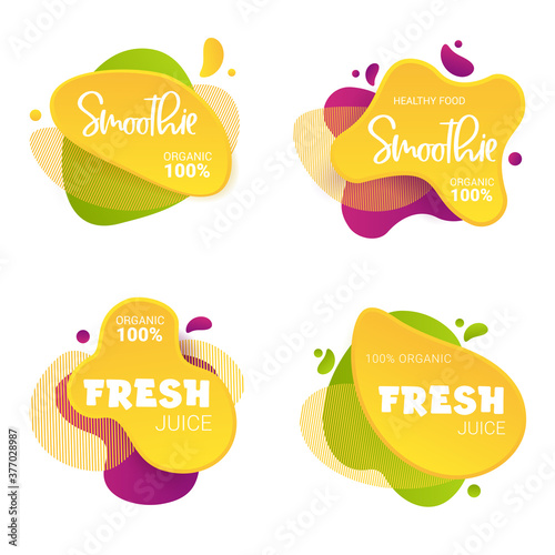 Set of frash and smoothie vector label. Bright and shine stickers, labels, tags and banners  badges of fresh market, detox, farmers market, eco shop, smoothies drinks, juice cafe, green bar.