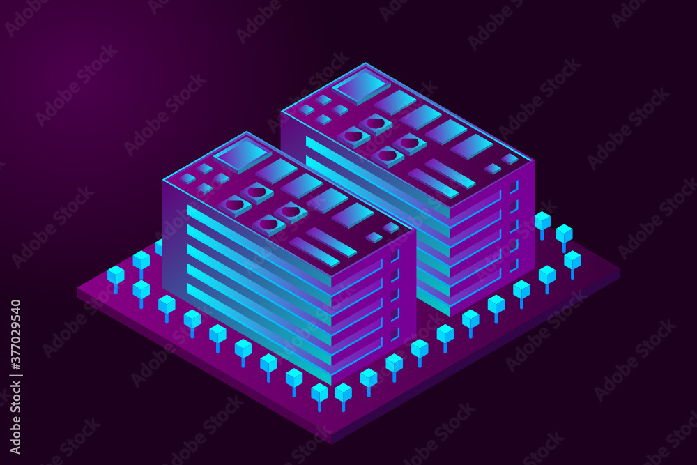 Fototapeta premium Smart city or intelligent building isometric vector concept. Modern smart city urban planning and development infrastructure buildings. Creative vector illustration on gradient background.