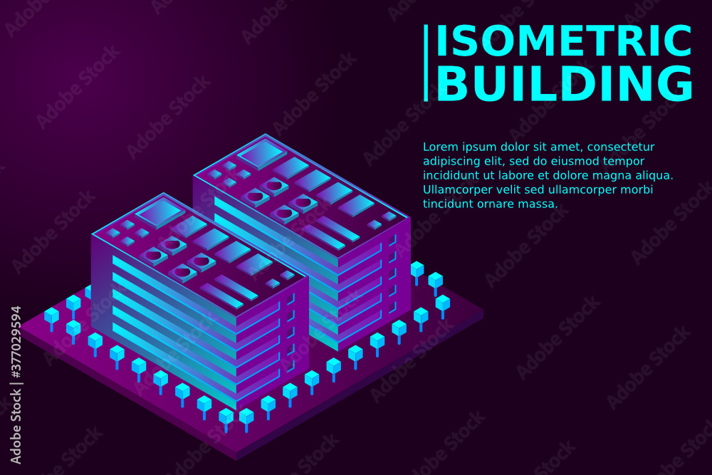 Naklejka premium Smart city or intelligent building isometric vector concept. Modern smart city urban planning and development infrastructure buildings. Creative vector illustration on gradient background.