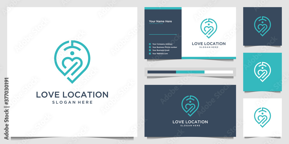 Creative love location logo design concept line art style. combine heart, pin, map and people logo design vector and business card Creative love location logo design concept line art style. combine heart, pin, map and people logo design vector and business card