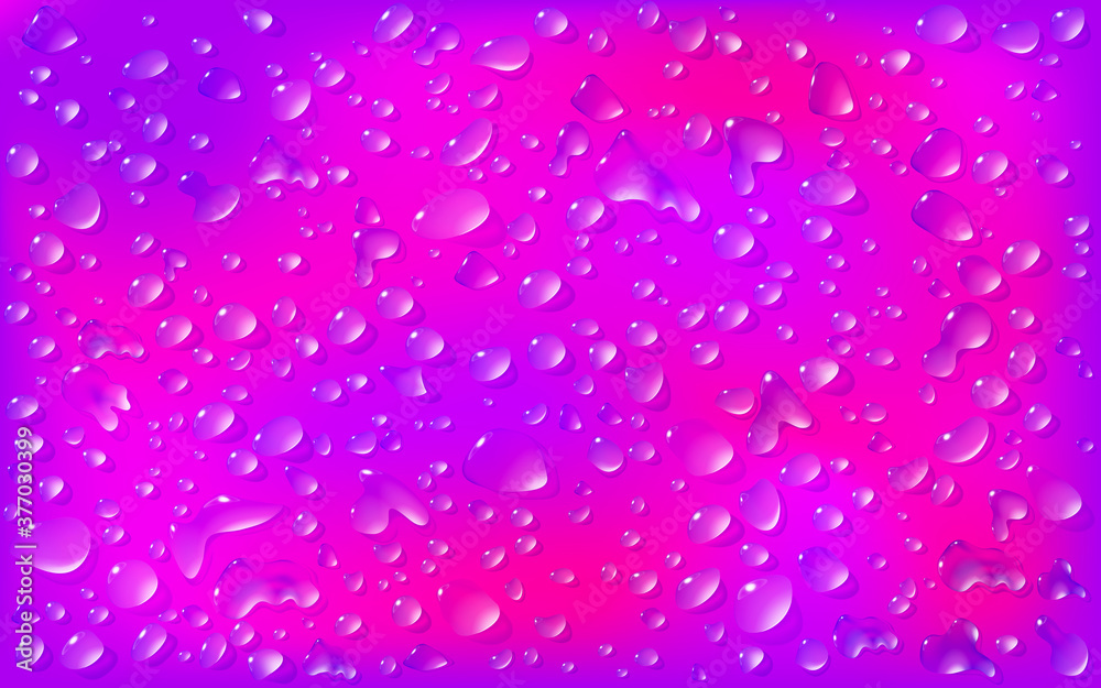 Realistic purple pink background, rectangular surface. Transparent droplets range of liquid lie on on motley backdrop. Clean water drops. Vector illustration