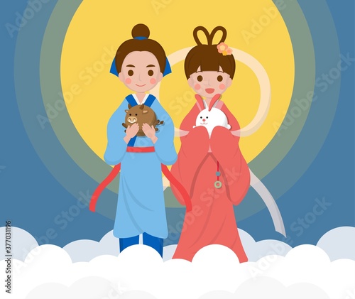 Chinese Festival, Chinese Qixi Festival, Qixi Festival, cartoon illustration "Cowherd and Weaver Girl", Chinese Valentine's Day