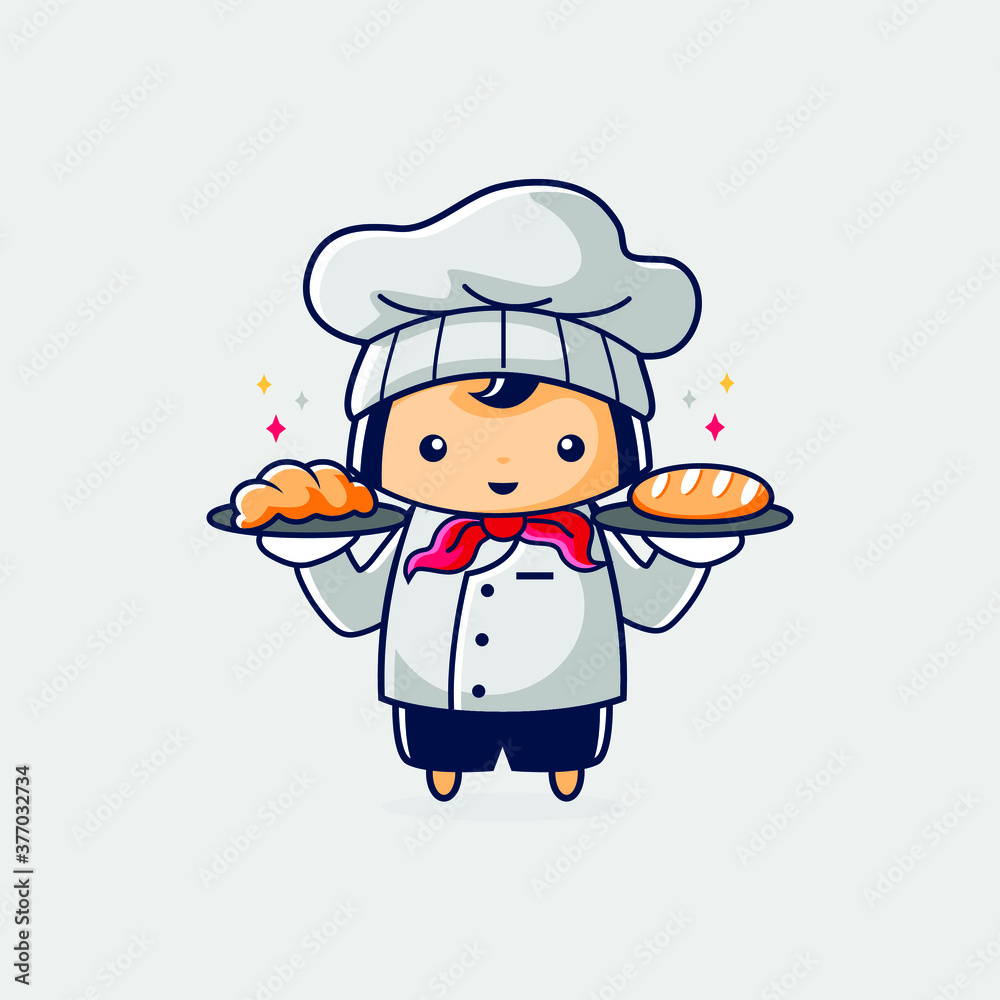 Cartoon cute bakery chef hold two breads Cartoon cute bakery chef hold two breads