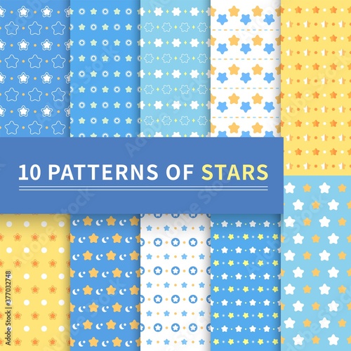 10 different classic patterns of blue stars for backgrounds, web pages, surface textures, invitation cards, Valentine's Day, seamless backgrounds