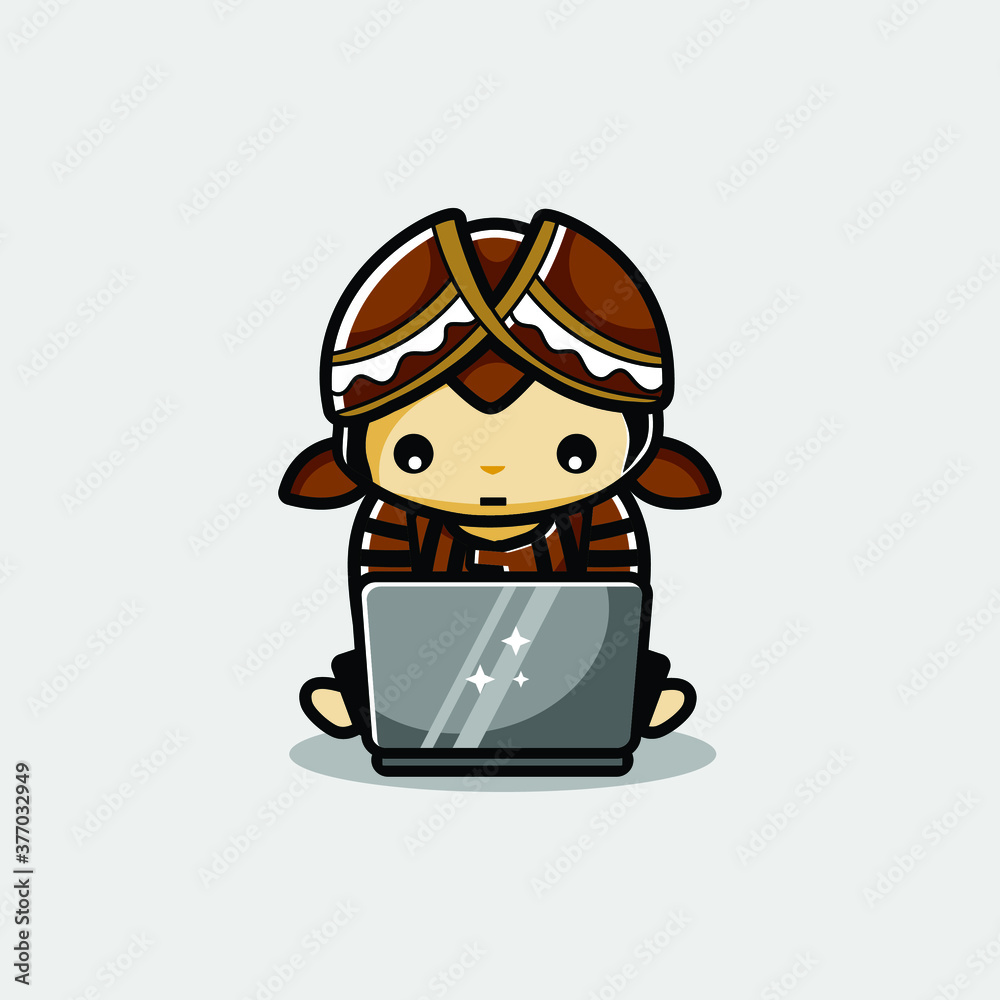 Cartoon little javanese mascot use laptop in work
