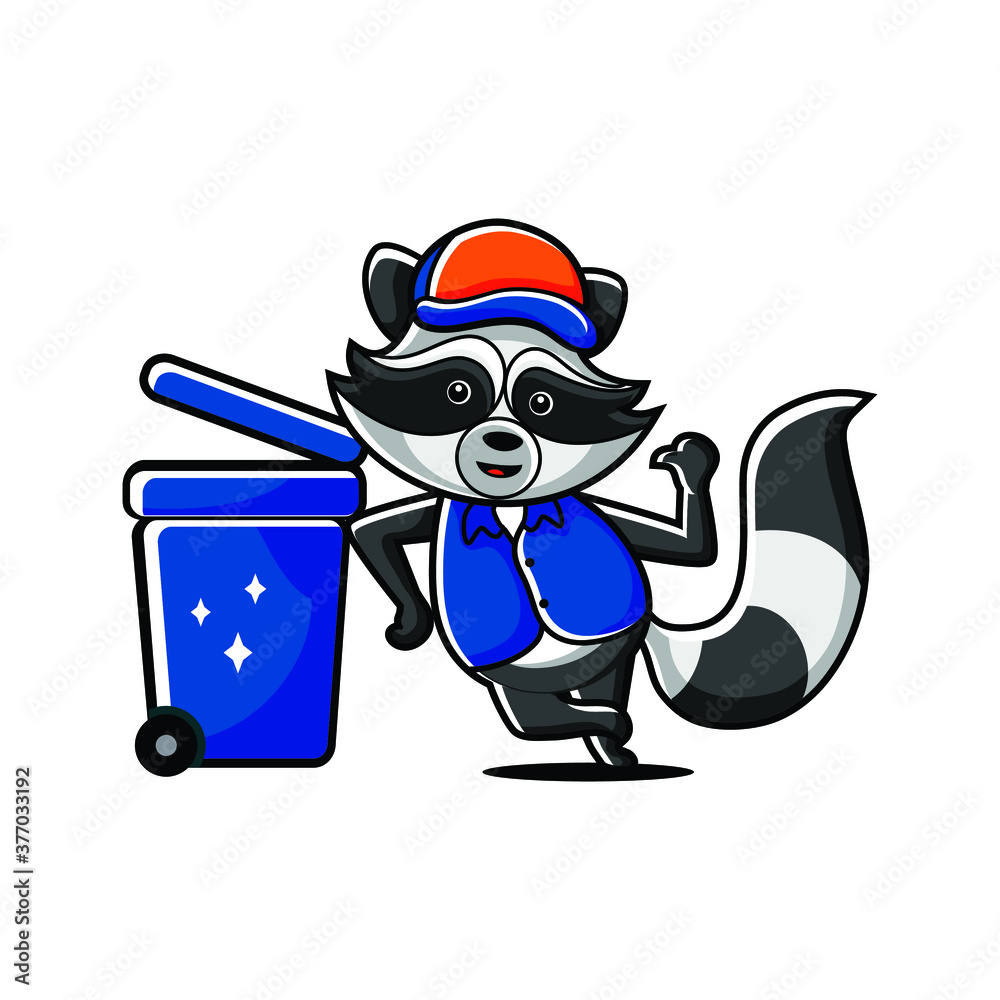 Cartoon racoon mascot cleaning service trash can Stock Vector | Adobe Stock