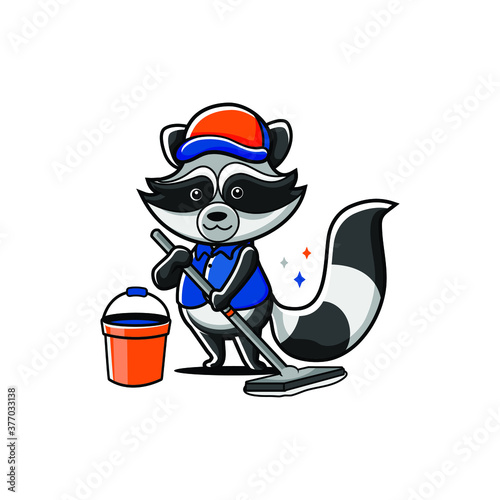 Cartoon racoon mascot cleaning service mop floor