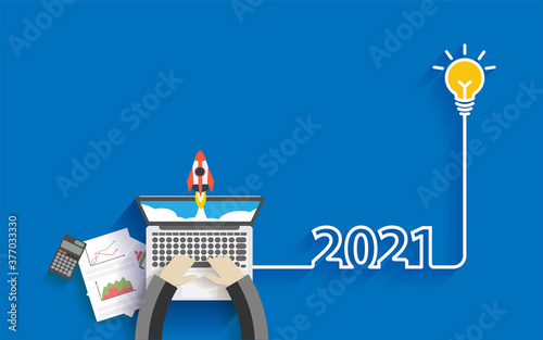 Creative light bulb idea 2021 new year business start up ideas concept design, With businessman working on laptop computer PC, Top view from above vector illustration