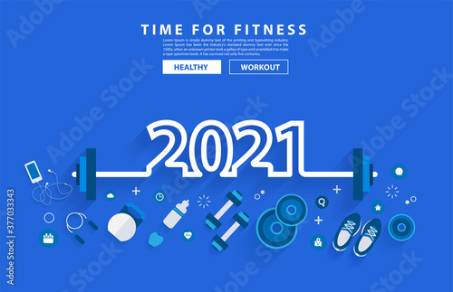 2021 new year fitness concept workout typography alphabet design with equipment. Vector illustration flat modern layout template