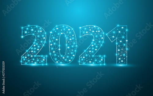 2021 new year text design with mesh stylish alphabet letters numbers, Graphic background communication structure with connected dots lines, Vector illustration