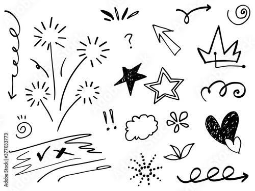 Abstract arrows  ribbons  hearts  stars  crowns and other elements in a hand drawn style for concept designs. Scribble illustration. Vector illustration.