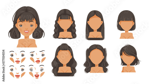 Beautiful hairstyle Black hair woman set. modern fashion for assortment. long hair, short hair, fringe. curly hair salon hairstyles and trendy haircut vector icon set isolated on white background.