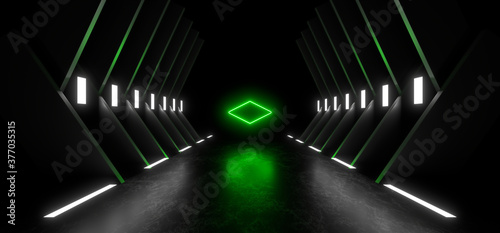 A dark corridor lit by green neon lights. Reflections on the floor and walls. 3d rendering image.