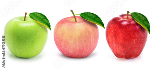 Three apple, green, red and pink apples isolated on white background.
