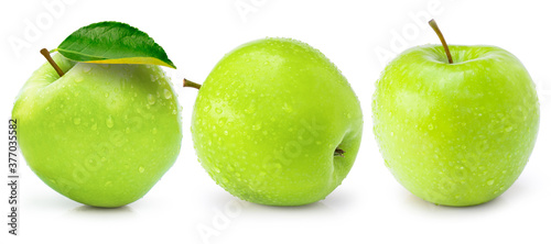 Set of three green granny smith apples with water droplets isolated on white background.