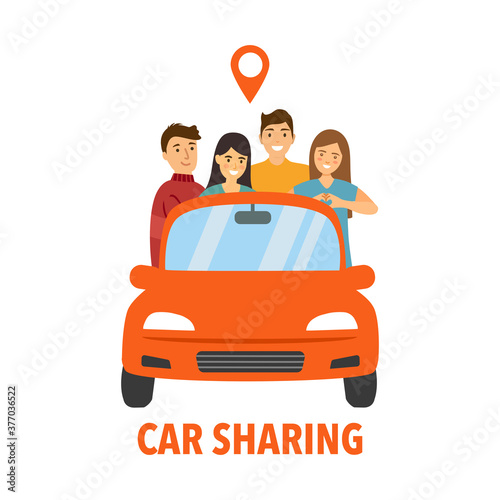 Car sharing service concept vector illustration on white background. Men and women with car in flat design. Carpooling business.