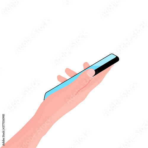 Mobile phone in the hand. Woman holds black smartphone. Finger touching screen. Online education, learning on mobile. Copy space for your text. Vector illustration, white background. Vector.